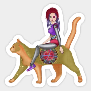 Girl and  red cat. Cyber witch. Cyberpunk Sticker